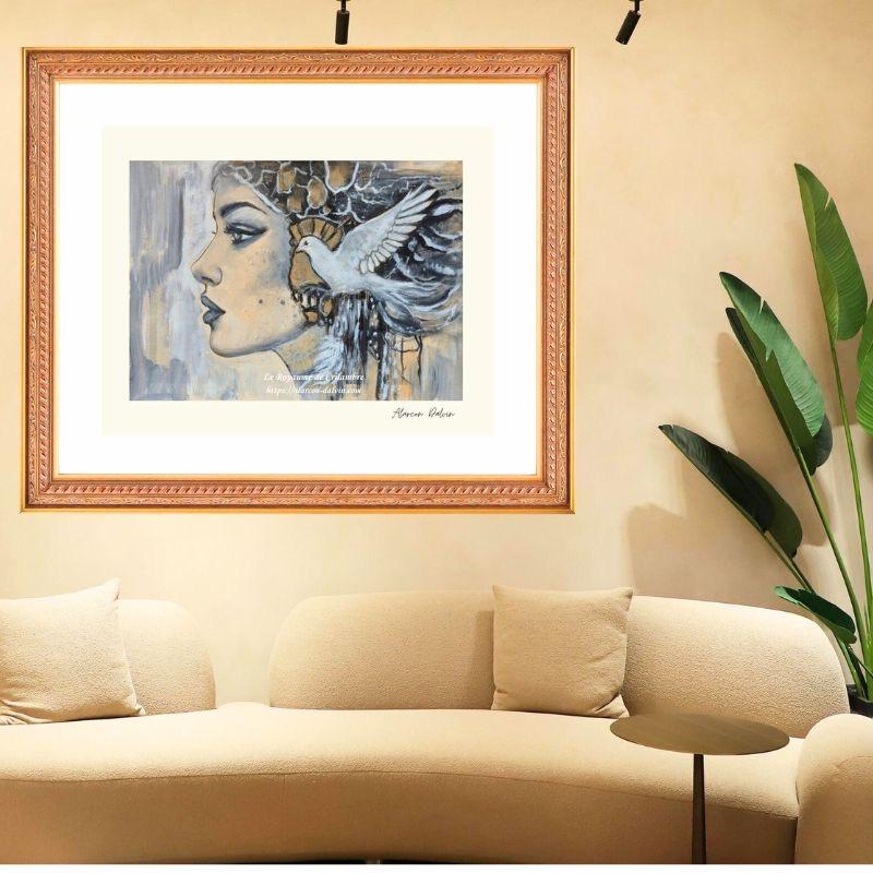 Portrait de femme avec colombe sur papier, peint à l'encre et à l'acrylique, aux teintes douces, exposé dans un salon beige clair pour décoration intérieure moderne.