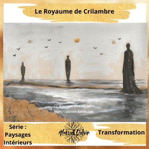Œuvre sur papier Crilambre intitulée Transformation, trois silhouettes noires traversant un chemin au-dessus de la mer, symbolisant l’être qui quitte l’ombre pour s’unir à la lumière, synthèse du chemin intérieur.