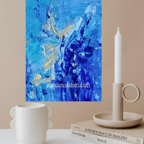 Peinture abstraite moderne bleu indigo et ou avec texture en relief.