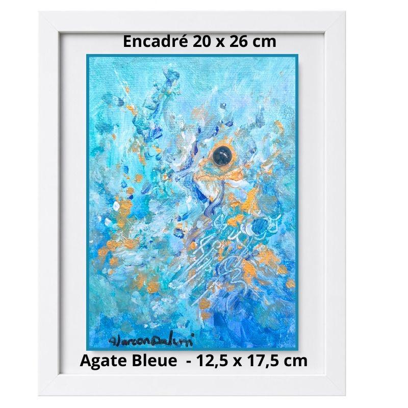 Tableau abstrait bleu moderne avec agate bleue et cadre blanc – Alarcon Dalvin