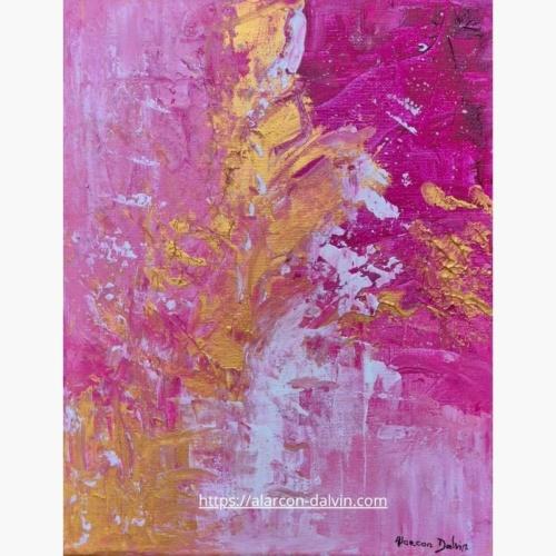tableau abstrait rose fuchsia et or peinture contemporaine Peinture abstraite au Coutau sur toile rose fushia et rose poudre peinture sur toile moderne artiste Peintre Alarcon Dalvin Atelier Saint Paul de Vence oeuvre d art originale et unique en vente en ligne