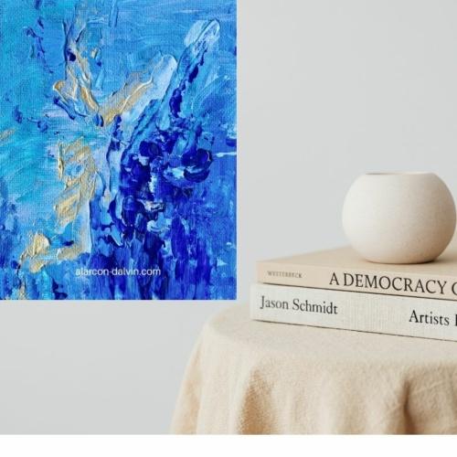 Peinture contemporaine abstraite en bleu et ou avec texture au couteau.