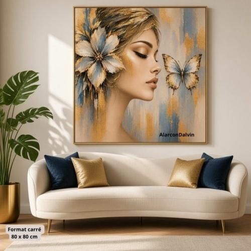 Peinture figurative abstraite Femme Papillon en grand format 80 × 80 cm, avec fleurs, papillons et détails dorés Tableau peint à la main sur toile sur commande artiste peintre Alarcon Dalvin