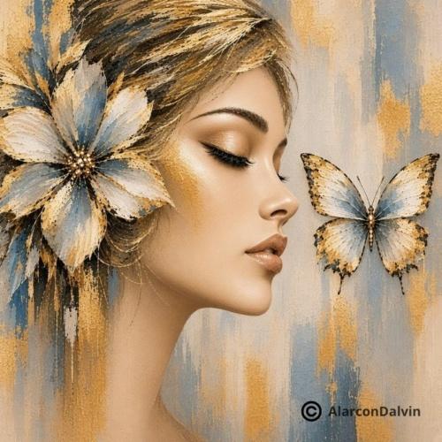 Peinture figurative abstraite représentant une femme entourée de fleurs et de papillons dans des tons bleu, beige et or Tableau carré peint main artiste Peintre Alarcon Dalvin