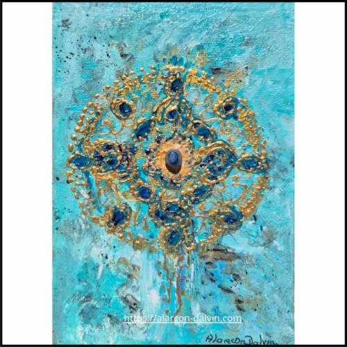 Lumière océane - tableau abstrait turquoise et reliefs or - 12,5 x 17,5 cm- peinture abstraite moderne acrylique sur toile peint a la main au pinceau et au couteau artiste Peintre Alarcon Dalvin