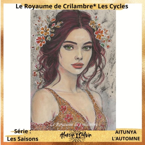 Peinture portrait de femme moderne aux fleurs jaunes et orange, symbole de l’automne, œuvre originale sur papier, Le Royaume de Crilambre