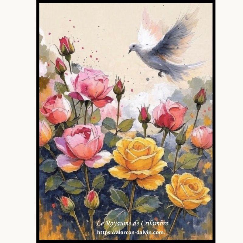 reproduction-peinture-fleurs-de-la-paix-tirage-d'art-Edition-limitée-signée-gros-plan - 17 Gros plan du tirage d’art Fleurs de la Paix signé, reproduction de peinture avec colombe et roses roses et jaunes en édition limitée. ARTISTE PEINTRE ALARCON DALVIN