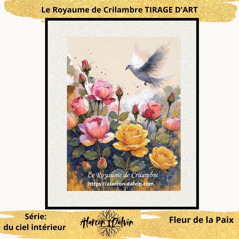 reproduction-peinture-fleurs-de-la-paix-tirage-d'art-Edition-limitée-signée - 15 Reproduction de la peinture Fleurs de la Paix avec colombe, roses roses et jaunes, tirage d’art signé en édition limitée.