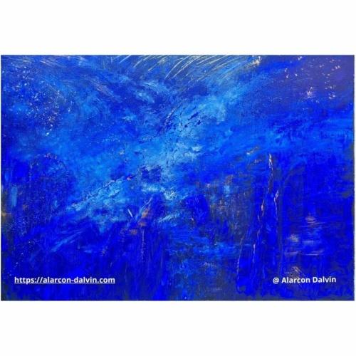 Tableau abstrait bleu Klein représentant un éveil cosmique avec textures profondes et mouvement lumineux contemporain. peinture abstraite moderne bleu puissant peint à la main à l'acrylique sur toile par l'artiste Peintre Alarcon Dalvin Une oeuvre originale unique en vente en ligne sur le site de l'artiste contemporain Alarcon Dalvin