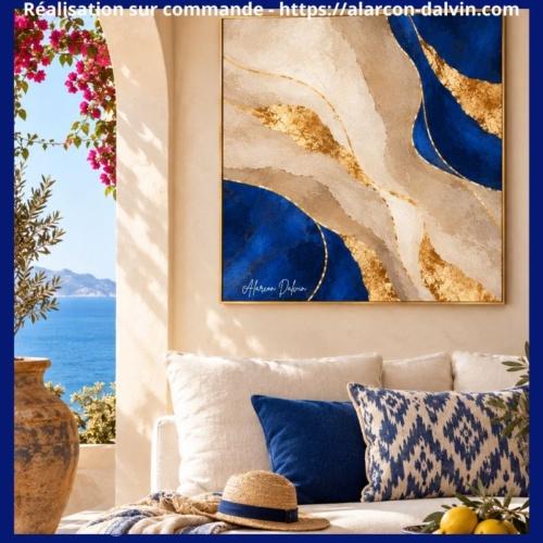 Tableau abstrait Bleu Klein et or sur commande bleu Méditerranée artiste Peintre Alarcon Dalvin Format carré