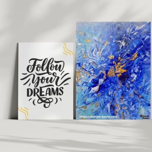 Tableau abstrait vertical bleu indigo et or avec feuille d’or 24 carats – peinture moderne sur toile 24x30