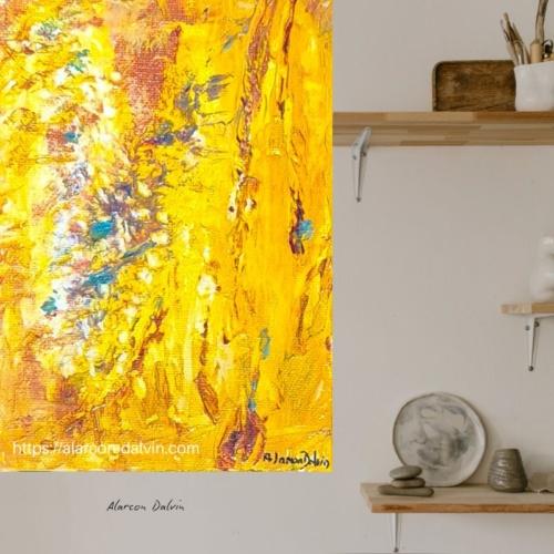 Gros plan du tableau abstrait jaune et or, texture au couteau, reflets dorés Détail du tableau abstrait jaune et or, révélant textures et reflets dorés.Détail du tableau abstrait jaune et or, révélant textures et reflets dorés. Peinture abstraite moderne de l'artiste PEINTRE ALARCON DALVIN pour une décoration intérieure contemporaine Tableau abstrait fait main acrylique sur toile