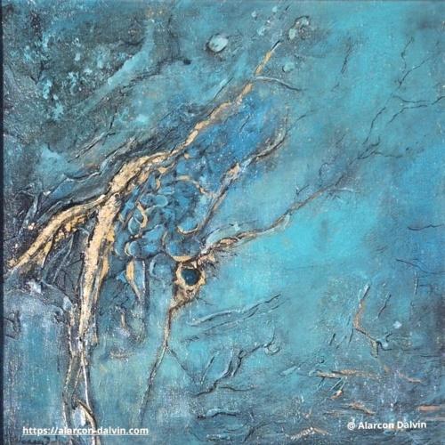 Tableau abstrait contemporain kintsugi bleu turquoise et or avec effet agate bleue peint à la main par l'artiste peintre contemporain Alarcon Dalvin Peinture abstraite moderne sur toile à l'acrylique avec reliefs