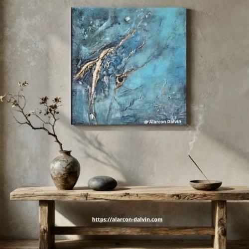 Tableau abstrait kintsugi bleu turquoise et or inspiré de l’agate bleue pour décoration intérieure wabi-sabi