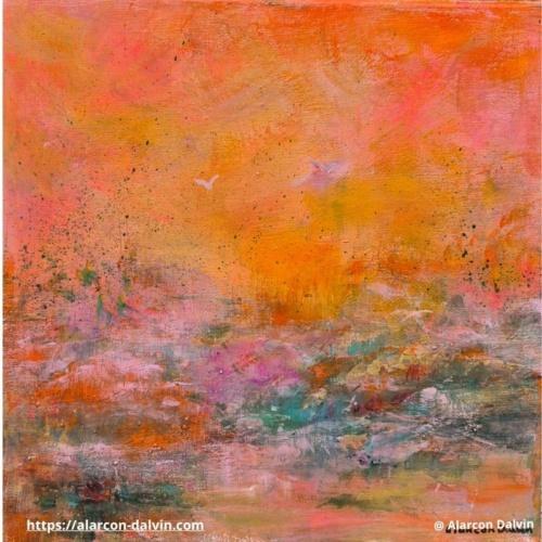 Tableau abstrait moderne orange et rose peinture contemporaine originale format carré 30x30 cm Peinture abstraite moderne sur toile peinte à la main à la peinture Acrylique au pinceau et couteau artiste Peintre Alarcon Dalvin