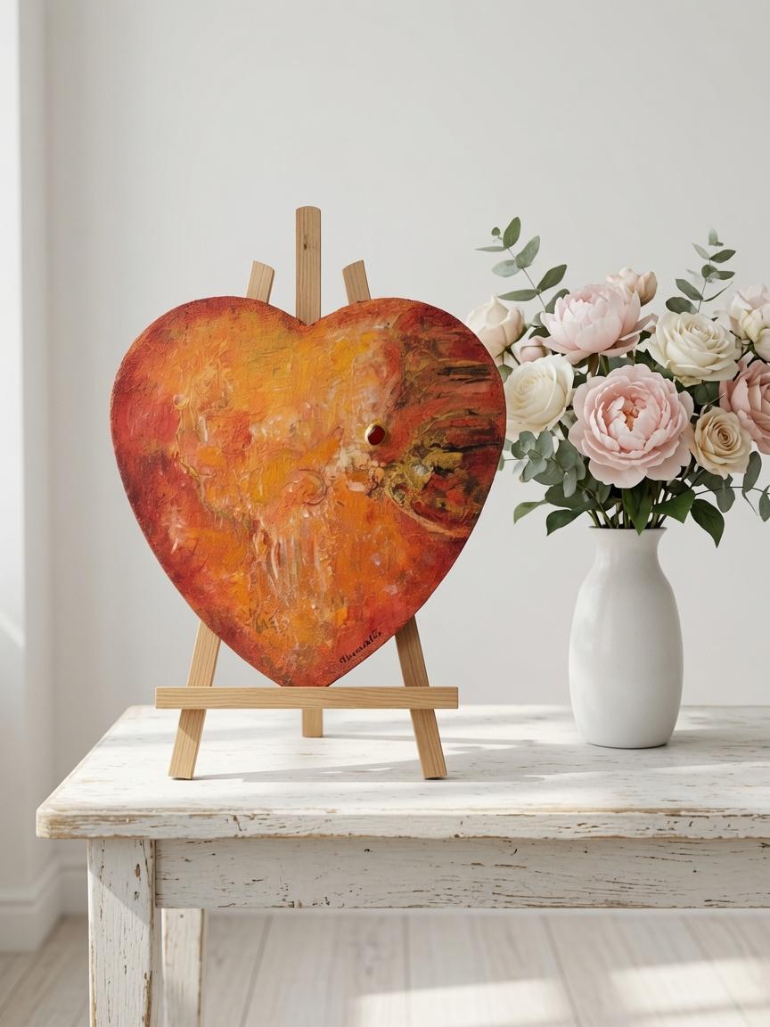 tableau-abstrait-orange-coeur-wabi-sabi a lagate alarcon-dalvin Tableau abstrait texturé Cœur Wabi-Sabi à l'Agate présenté sur un chevalet, mettant en valeur les reliefs et les nuances inspirées de l'agate. e vente en ligne site artiste peintre Alarcon Dalvin
