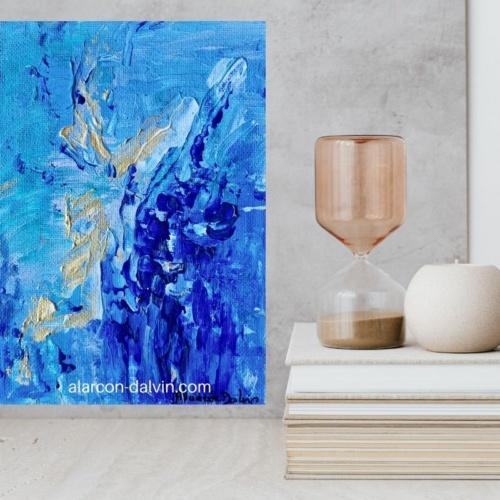 Tableau abstrait petit format en bleu et or, peinture au couteau sur toile.