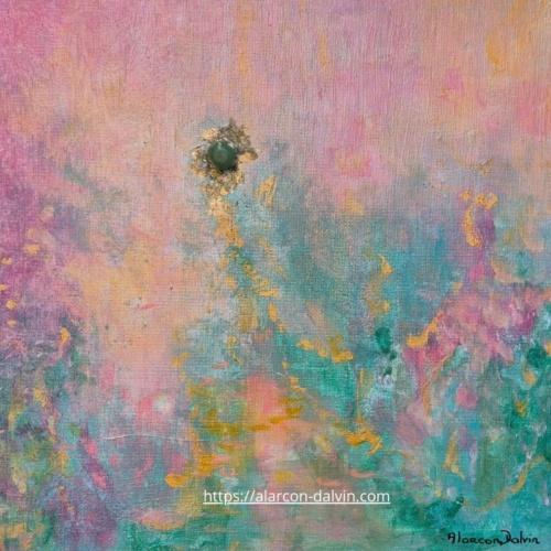 Tableau abstrait peint à la main aux tons rose poudré, vert émeraude profond et touches d'or métallique, œuvre originale acrylique contemporaine texturée peinture au couteau pour décoration murale moderne salon ou chambre artiste Peintre Alarcon Dalvin atelier Saint Paul de Vence