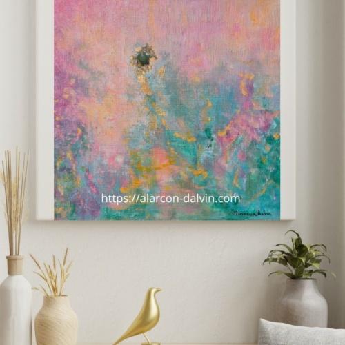 Tableau abstrait rose vert or peint main acrylique sur toile au couteau Peinture abstraite sur toile rose unique artiste Peintre Alarcon Dalvin Atelier Saint Paul de Vence oeuvre d'art originale et unique Peinture abstraite au couteau sur toile