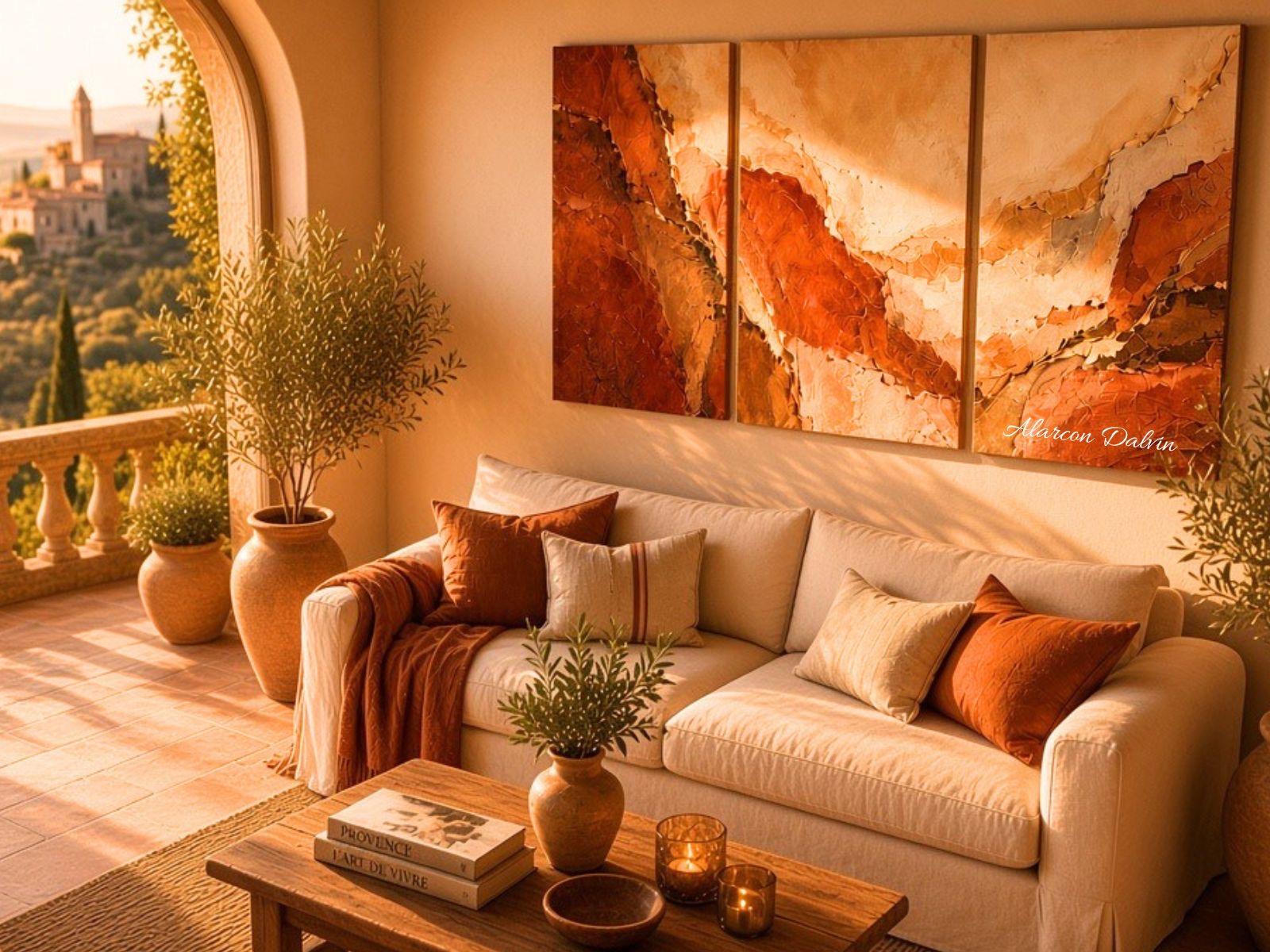 Tableau abstraitterracotta aux textures et nuances lumineuses exposé au-dessus d’un canapé dans un salon moderne
