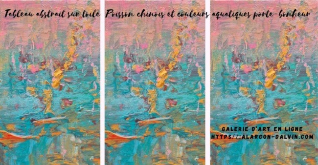 Tableau abstrait moderne sur toile – Poisson chinois d’Alarcon Dalvin, aux couleurs bleues et dorées