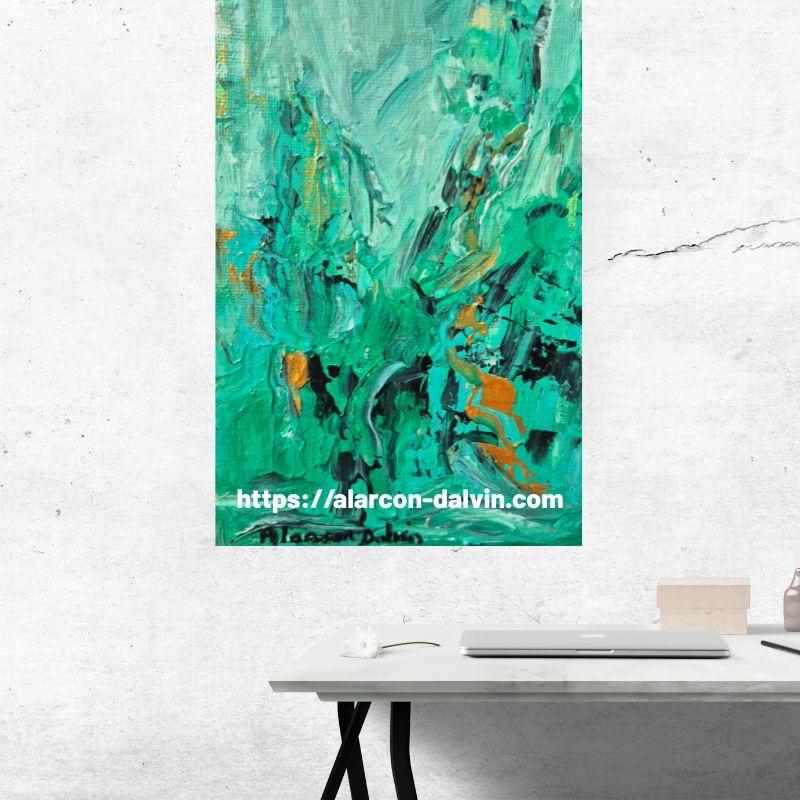 Tableau abstrait vert et or sur étagère déco minimaliste, petit forma