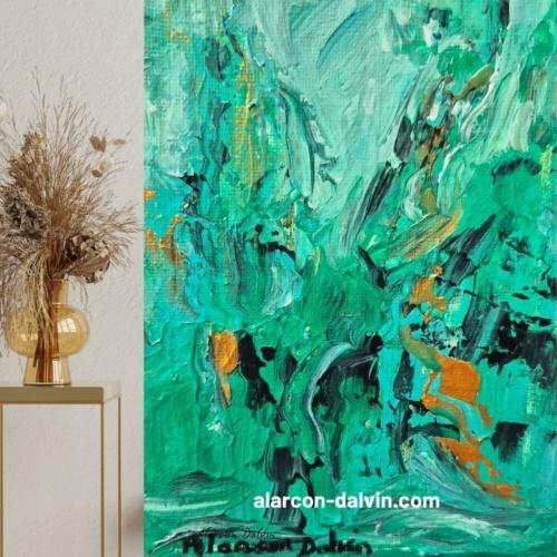 tableau abstrait moderne vert reliefs or au couteau peinture sur toile vue dans son ensemble en lumière naturelle signé artiste peintre Alarcon Dalvin