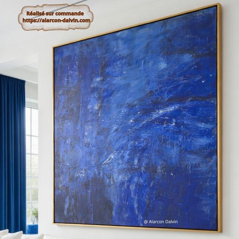 tableau-bleu-klein-detail-texture-abstrait Détail tableau abstrait bleu Klein grand format monochrome peinture au couteau texture relief artiste peintre Alarcon Dalvin oeuvre d'art contemporain monochrome bleu réalisable sur commande livraison internationale gratuite