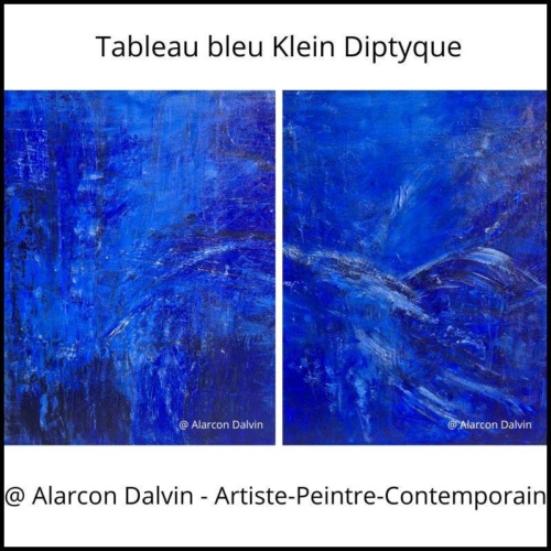 tableau bleu Klein diptyque abstrait moderne peinture contemporaine sur toile peint main artiste peintre Alarcon Dalvin