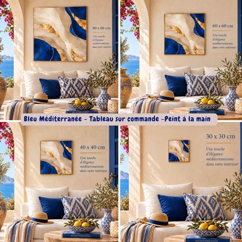 tableau abstrait Bleu Klein et or voici une photo qui regroupe les 4 photos des tableaux en situation avec leurs dimensions respectives 30 x 30 cm 40 x 40 cm 60 x 60 cm 80 x 80 cm tableau peint a la main artiste Peintre Alarcon Dalvin