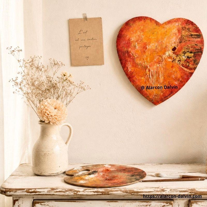 tableau coeur wabi sabi agate mur decoration- interieure Tableau abstrait texturé Cœur Wabi-Sabi à l'Agate accroché sur un mur dans un intérieur contemporain, mettant en valeur ses reliefs et ses nuances minérales. artiste peintre contemporain Alarcon Dalvin Oeuvre unique en vente en ligne