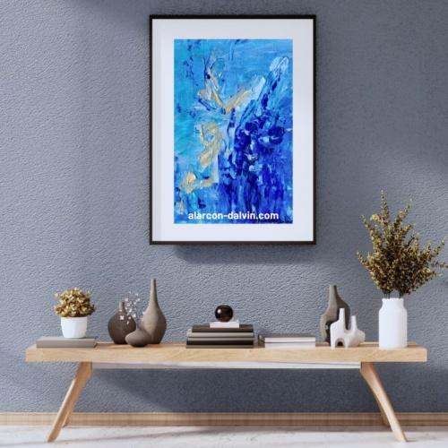 Tableau moderne abstrait bleu et or, technique au couteau sur toile.