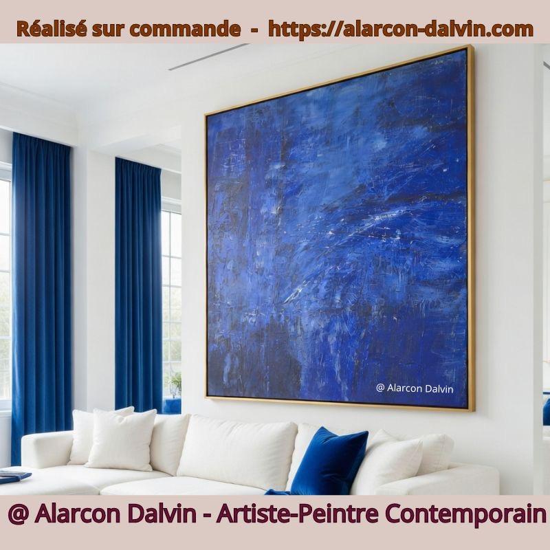 tableau-mural-bleu-klein-salon-moderne-blanc.jpg - 5 Tableau mural bleu Klein sur commande dans salon moderne blanc décoration contemporaine peint main artiste peintre Alarcon Dalvin modele présente pour inspiration commande tableau sur mesure