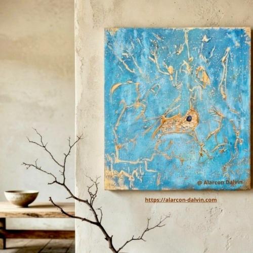 Tableau abstrait moderne bleu et or style kintsugi dans une décoration intérieure wabi-sabi peint à la main à l'acrylique sur toile par l'artiste Peintre Alarcon Dalvin