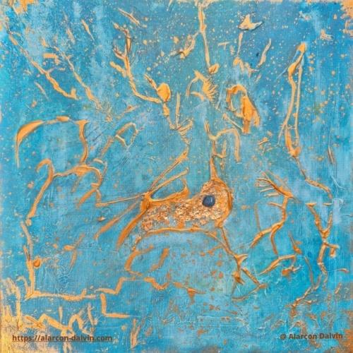 Peinture abstraite moderne kintsugi bleu turquoise et or avec effet pierre agate bleue par Alarcon Dalvin
