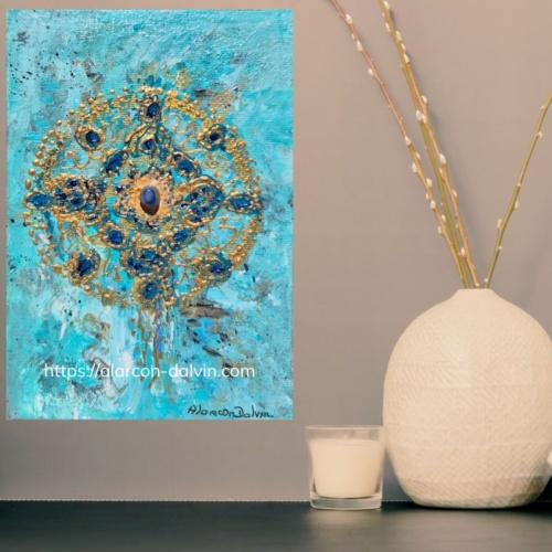 Tableau peinture abstraite acrylique moderne turquoise et or peint à la main au pinceau et au couteau artiste peintre Alarcon Dalvin - Lumière Océane est une oeuvre originale