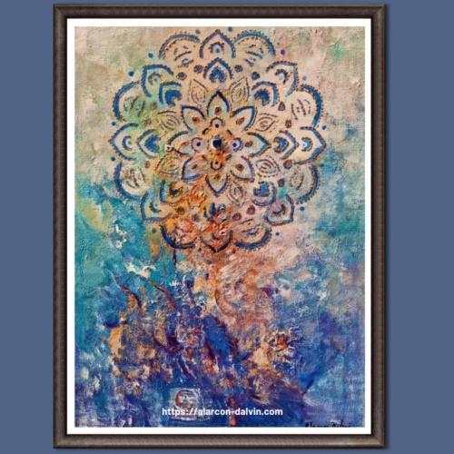 Tableau mandala bleu sur fond abstrait moderne, vue de face