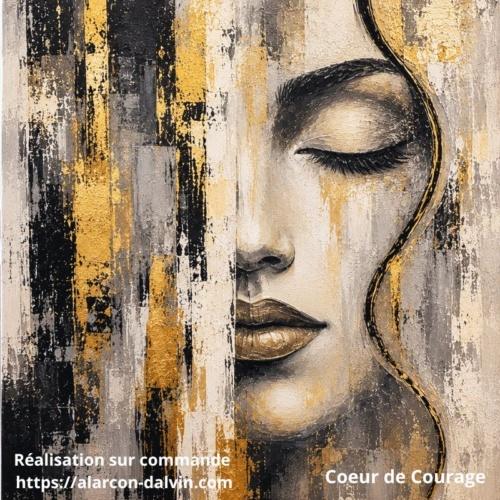 Tableau peinture abstraite moderne représentant le visage d'une femme, entièrement peint à la main à l'acrylique sur toile sur commande par l'artiste peintre Alarcon Dalvin, Cœur de Courage. est un tableau moderne de format carré
