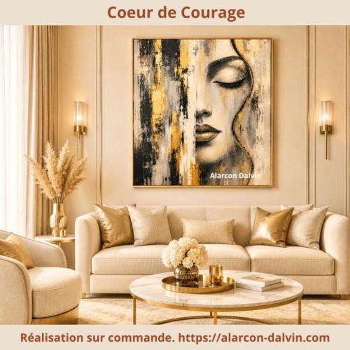 tableau peinture abstraite moderne sur toile représentant le visage d'une femme moderne, entièrement peint à la main la peinture acrylique sur commande par Alarcon Dalvin pour une décoration de salon contemporaine Coeur de courage est de format carré