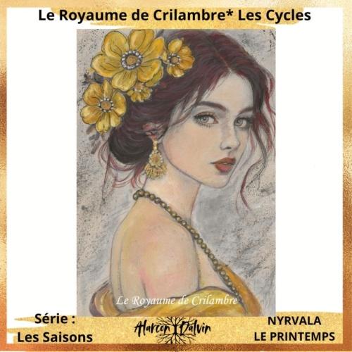 Portrait de femme aux fleurs jaunes dans les cheveux – Tableau Nyrvala par Alarcon Dalvin – Peinture sur papier à l’acrylique et encre
