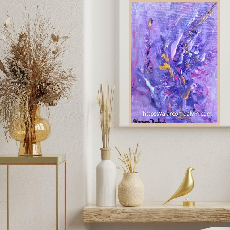 tableau violet abstrait moderne décoration intérieure - 4 Un tableau violet de style abstrait unique fait main par l'artiste peintre internationale Alarcon Dalvin pour une décoration intérieure originale