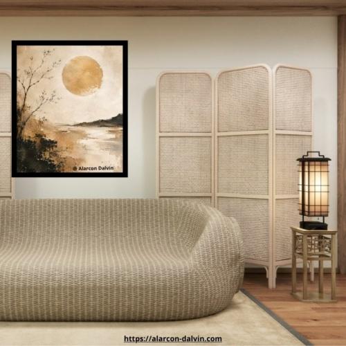 Tableau abstrait wabi-sabi japandi design dans un intérieur contemporain par l’artiste Alarcon Dalvin Peinture acrylique sur toile