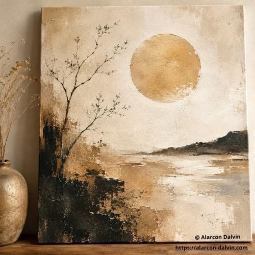 Tableau Wabi Sabi beige et noir avec soleil doré et textures minimalistes réalisé sur commande par l’artiste peintre Alarcon Dalvin peint à la main avec feuille d'or