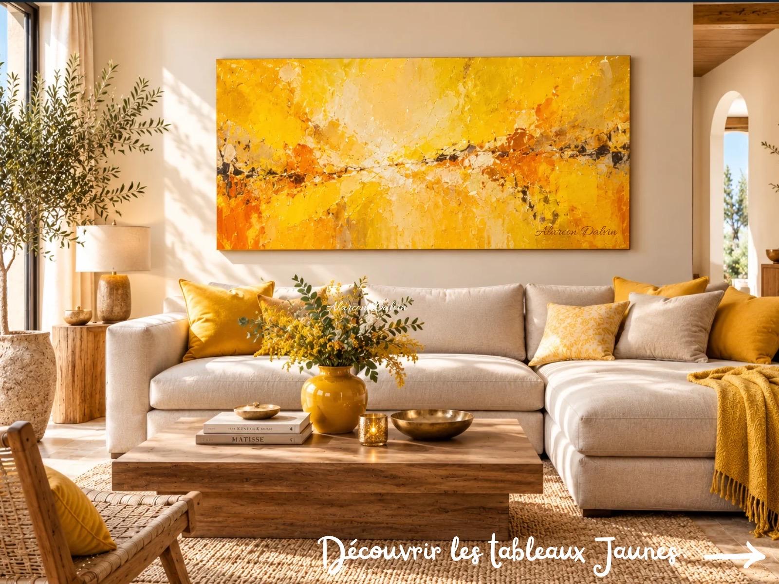 Tableaux abstraits jaunes contemporains peints à la main pour décorer un salon moderne – Alarcon Dalvin