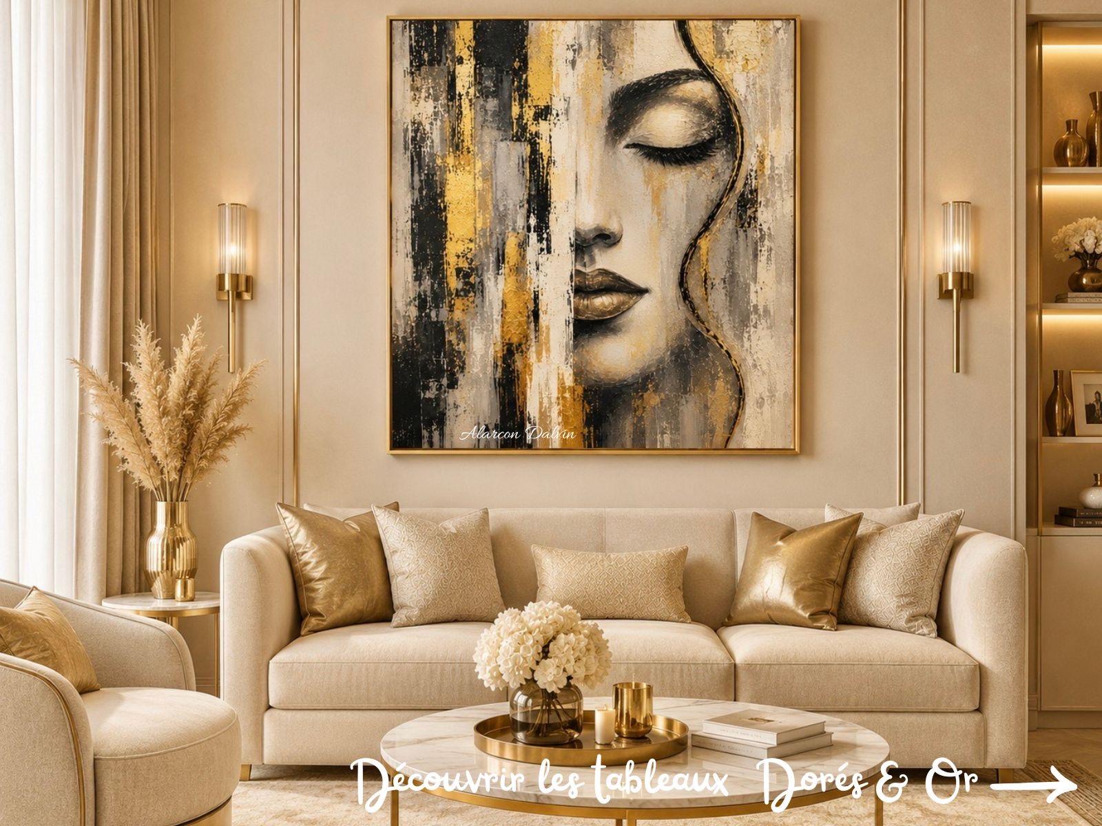 Présentation de tableaux abstraits contemporains aux nuances d’or et de doré, œuvres originales Alarcon Dalvin