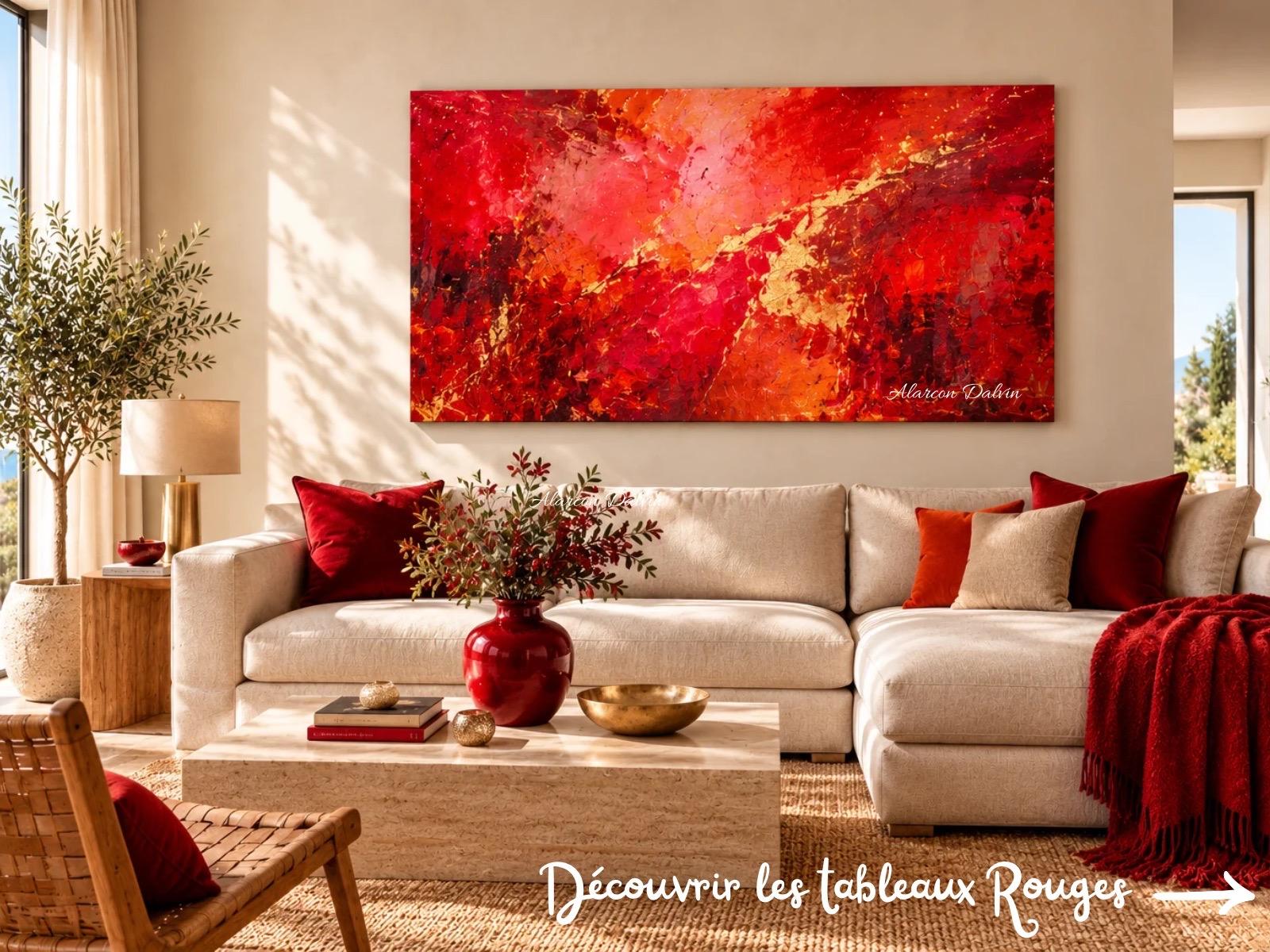 collection tableaux abstraits rouges peints a la main au pinceau et au couteau artiste peintre Alarcon Dalvin pour une décoration intérieure unique ici présenté dans salon moderne