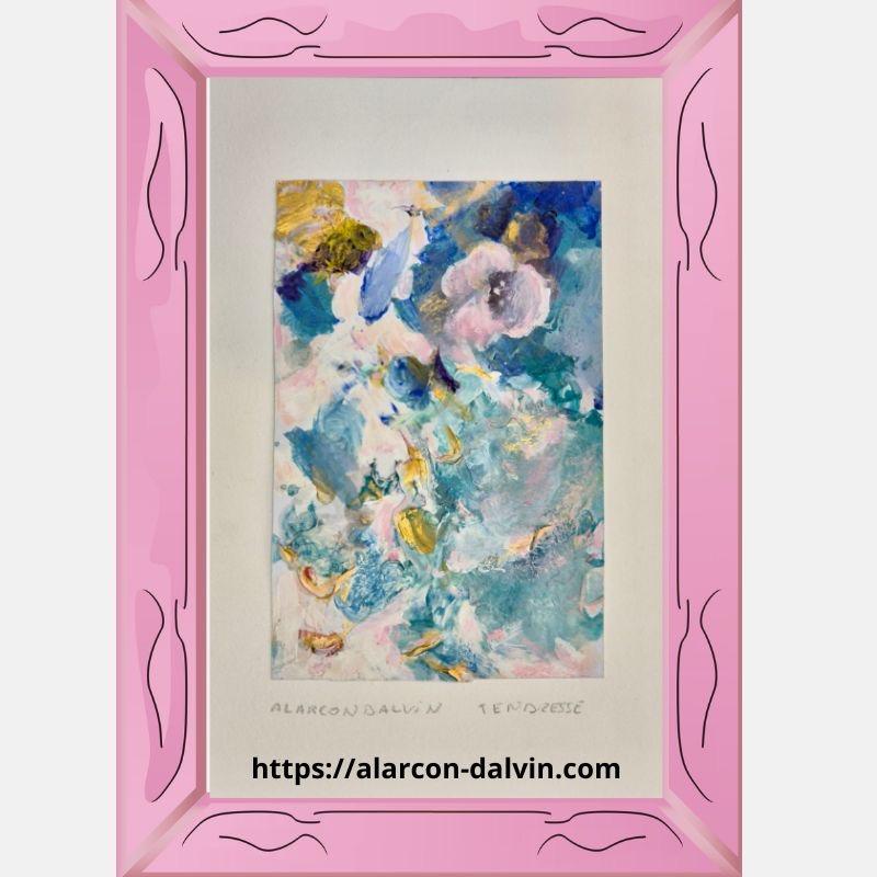 Détail doré de l’œuvre Tendresse, peinture abstraite contemporaine sur papier, réalisée à l’acrylique au couteau par l’artiste peintre Danielle Alarcon Dalvin.