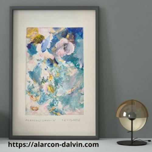 Texte alternatif : Tendresse – œuvre sur papier abstraite contemporaine, réalisée à l’acrylique au couteau dans des tons rose, turquoise et or, par l’artiste peintre Danielle Alarcon Dalvin.