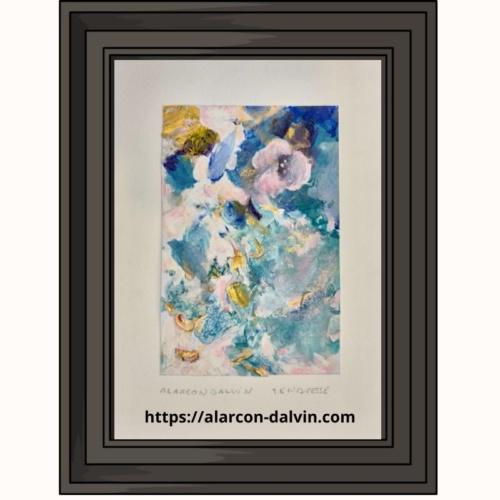 Tendresse – peinture abstraite contemporaine à l’acrylique turquoise sur papier, réalisée au couteau par l’artiste peintre contemporain Danielle Alarcon Dalvin.T