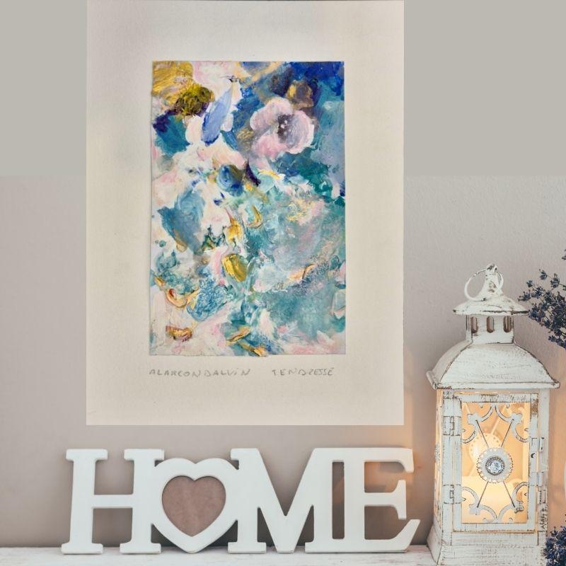 Texture de l’œuvre Tendresse, peinture abstraite sur papier, acrylique au couteau rose, turquoise et or – Danielle Alarcon Dalvin